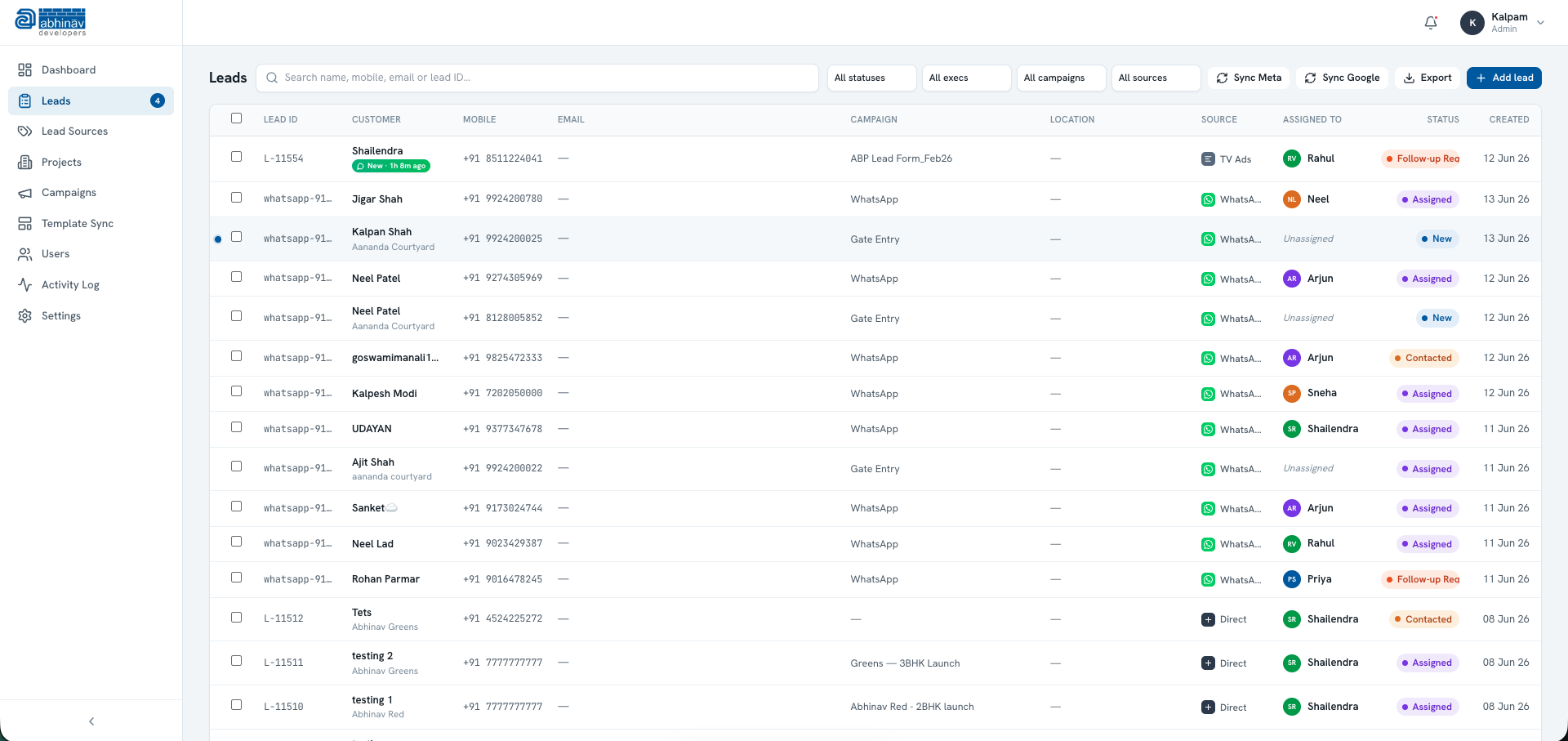 Abhinav Developers CRM — screen 2